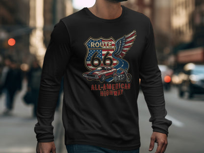 Long-sleeve t-shirt with Route 66 All-American Highway graphic.