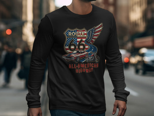 Long-sleeve t-shirt with Route 66 All-American Highway graphic.