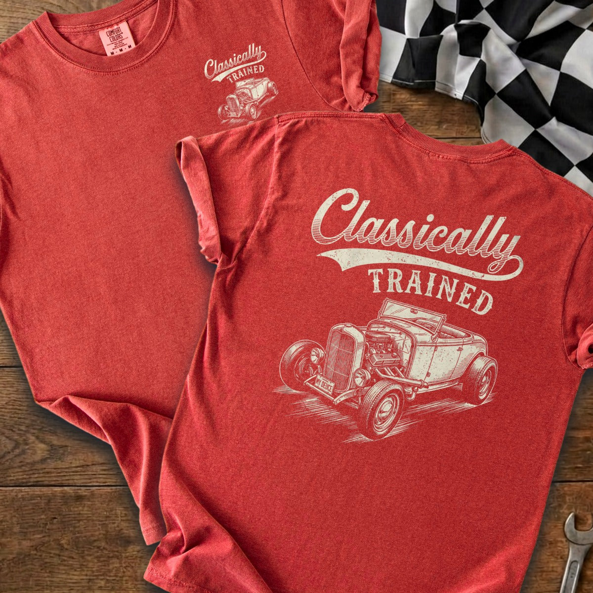 Red t-shirt with "Classically TRAINED" text and hot rod graphic.