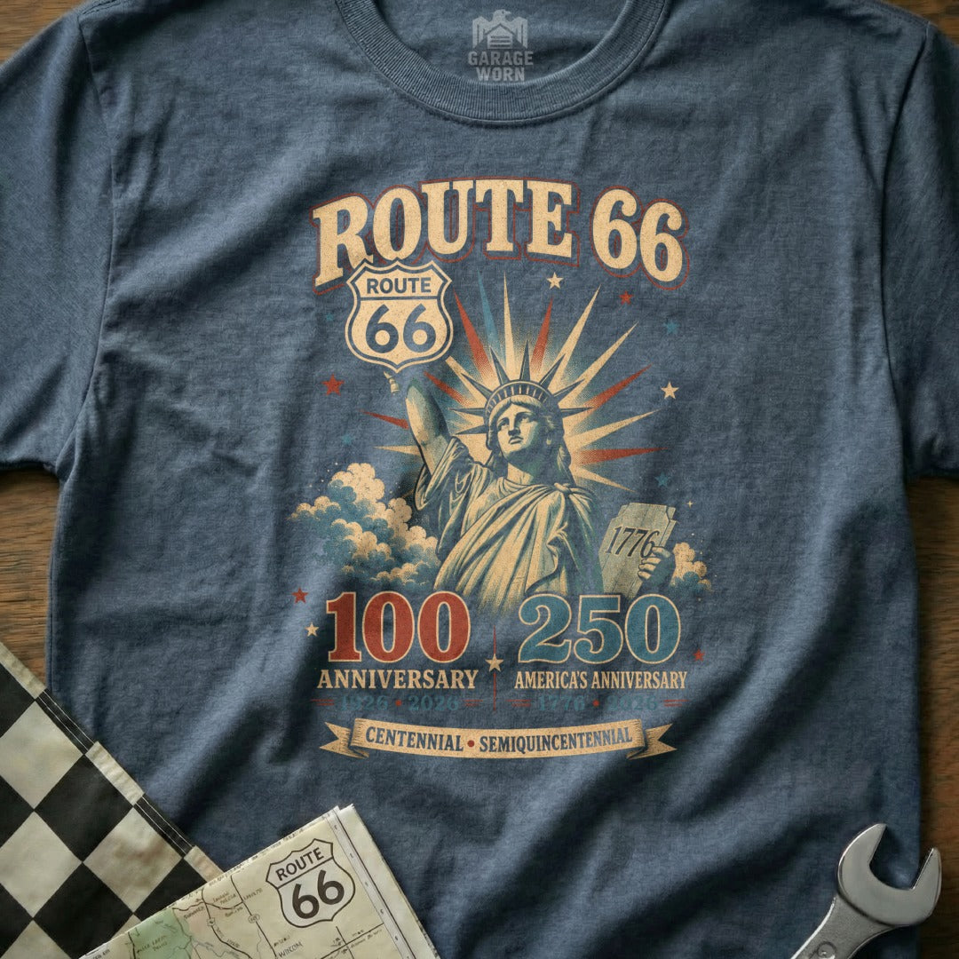 Route 66 shirt featuring the Statue of Liberty, "100 250 Anniversary" text.