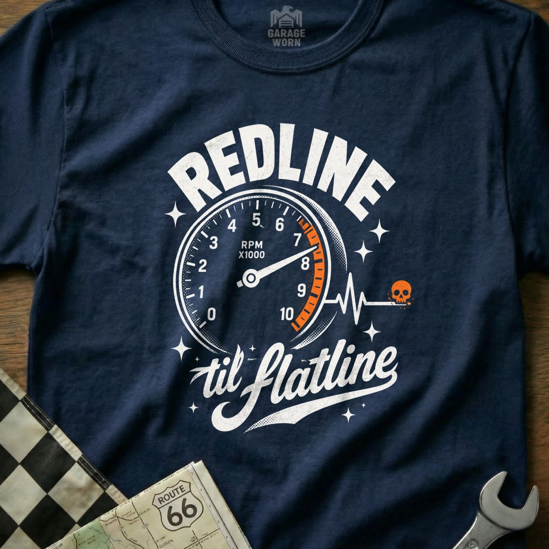 Navy t-shirt with "REDLINE til flatline" and speedometer graphic.