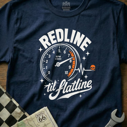 Navy t-shirt with "REDLINE til flatline" and speedometer graphic.