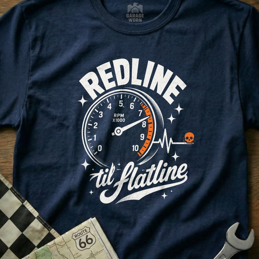 Navy t-shirt with "REDLINE til flatline" and speedometer graphic.