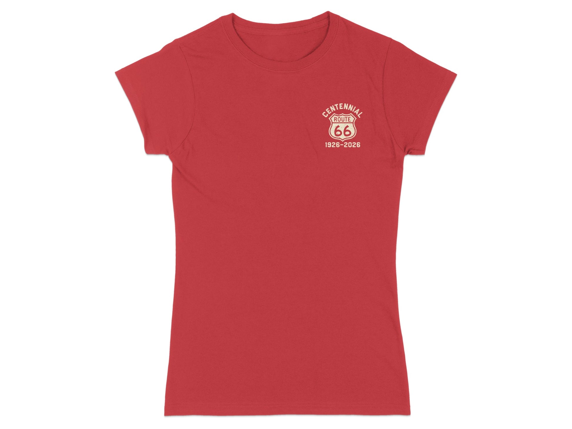 Red t-shirt with "Centennial Route 66" logo.