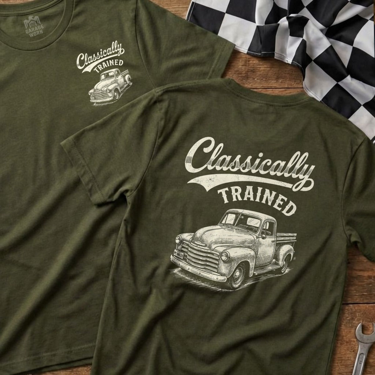 Green t-shirt with "Classically TRAINED" text and vintage truck graphic.
