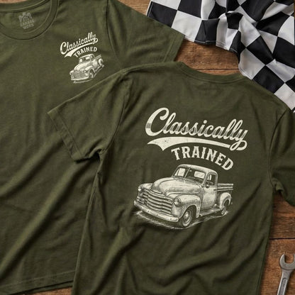Green t-shirt with "Classically TRAINED" text and vintage truck graphic.