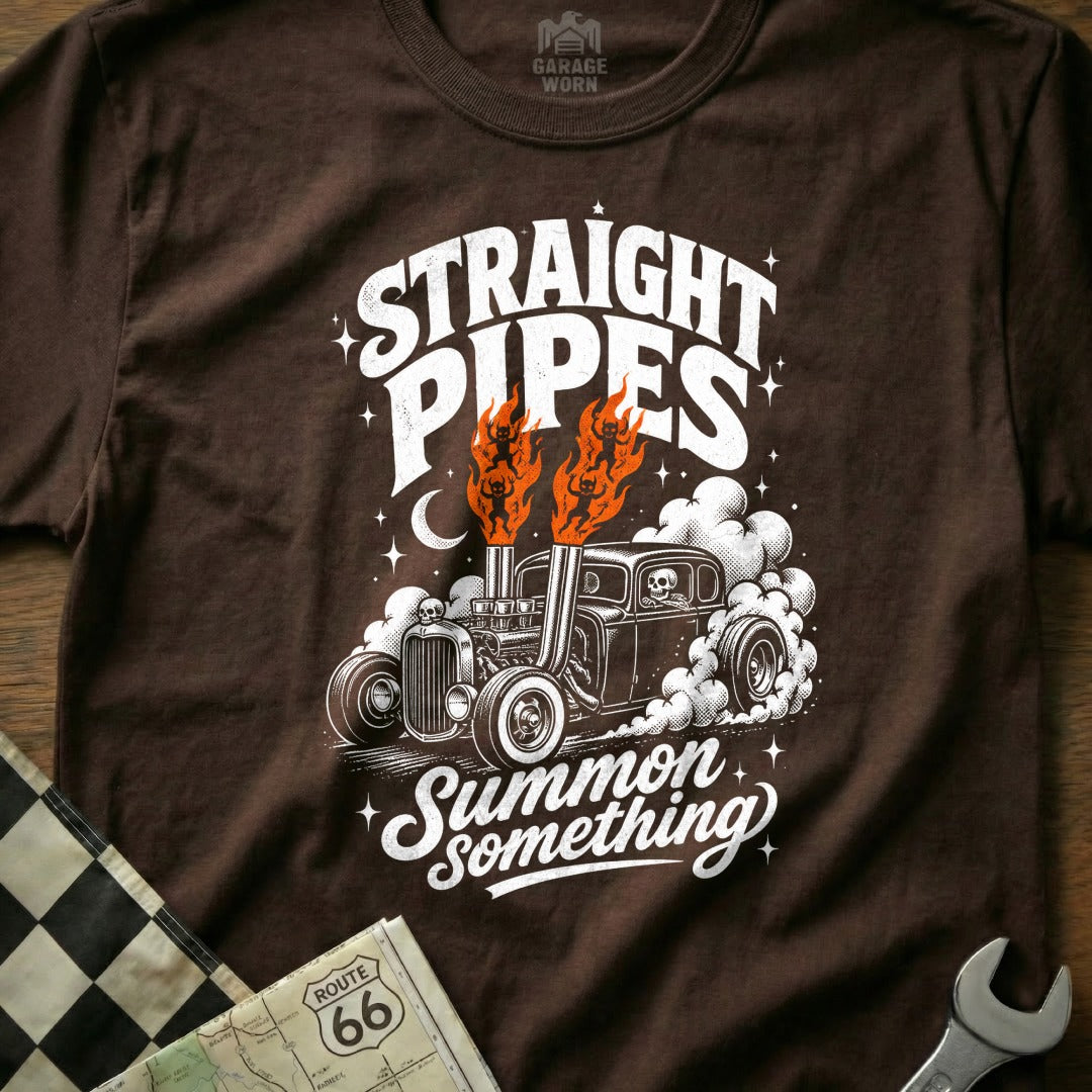 Brown t-shirt with "Straight Pipes Summon Something" text and a hot rod with flames.