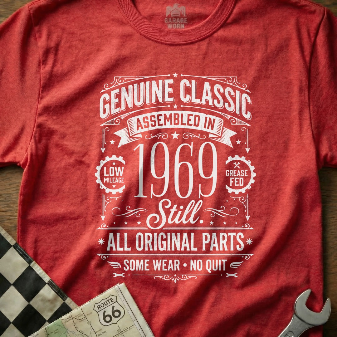 Red t-shirt with "Genuine Classic Assembled in 1969" graphic.