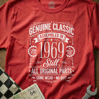 Red t-shirt with "Genuine Classic Assembled in 1969" graphic.