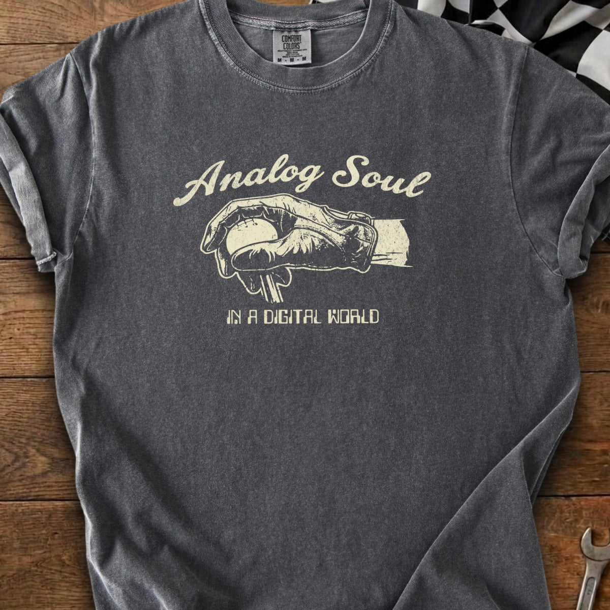 Charcoal t-shirt with "Analog Soul" graphic of a hand holding a microphone.