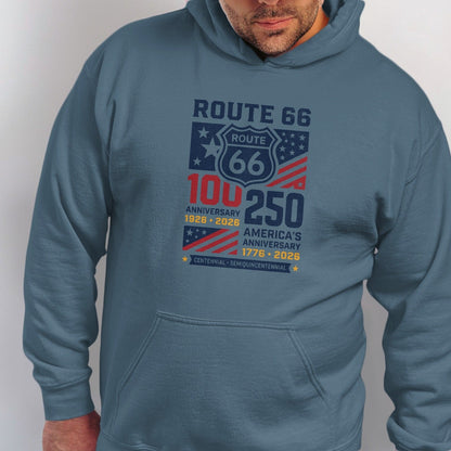 Blue hoodie with Route 66 Centennial & America's Semiquincentennial designs.