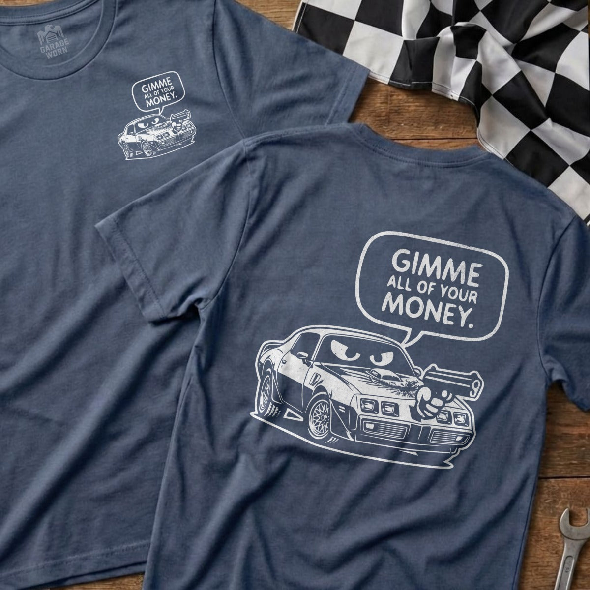 T-shirt with cartoon car holding a gun and text "Gimme All of Your Money."