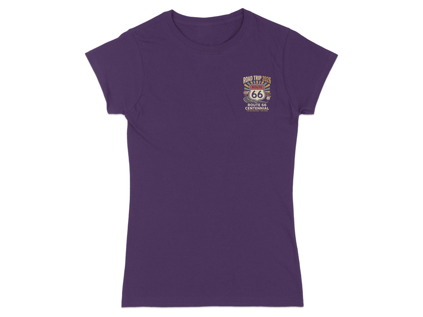 Purple t-shirt with "Road Trip 2026 Route 66 Centennial" graphic on chest.