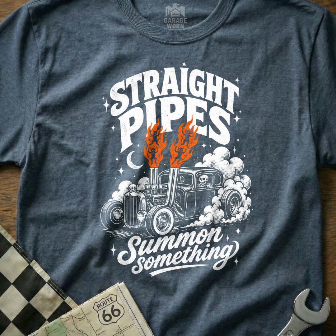 Dark t-shirt with "Straight Pipes Summon Something" text and hot rod graphic.