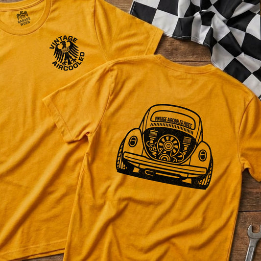 Yellow t-shirts with vintage air-cooled VW beetle graphic and "Garage Worn" logo.
