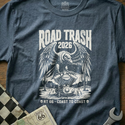 Dark t-shirt with "Road Trash 2026" and vulture over motorcycle engine graphic.