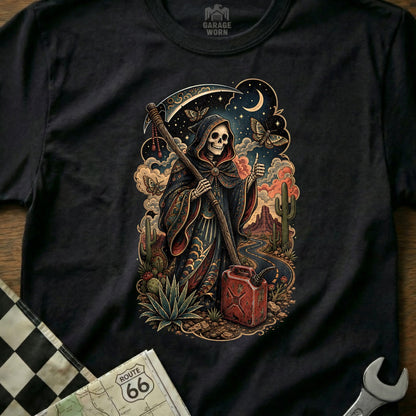 Grim Reaper with gas can and Route 66 map in desert landscape.