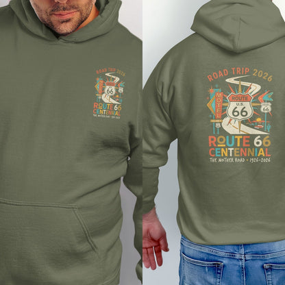 Green hoodie with "Route 66 Centennial" graphic and "Road Trip 2026" text.