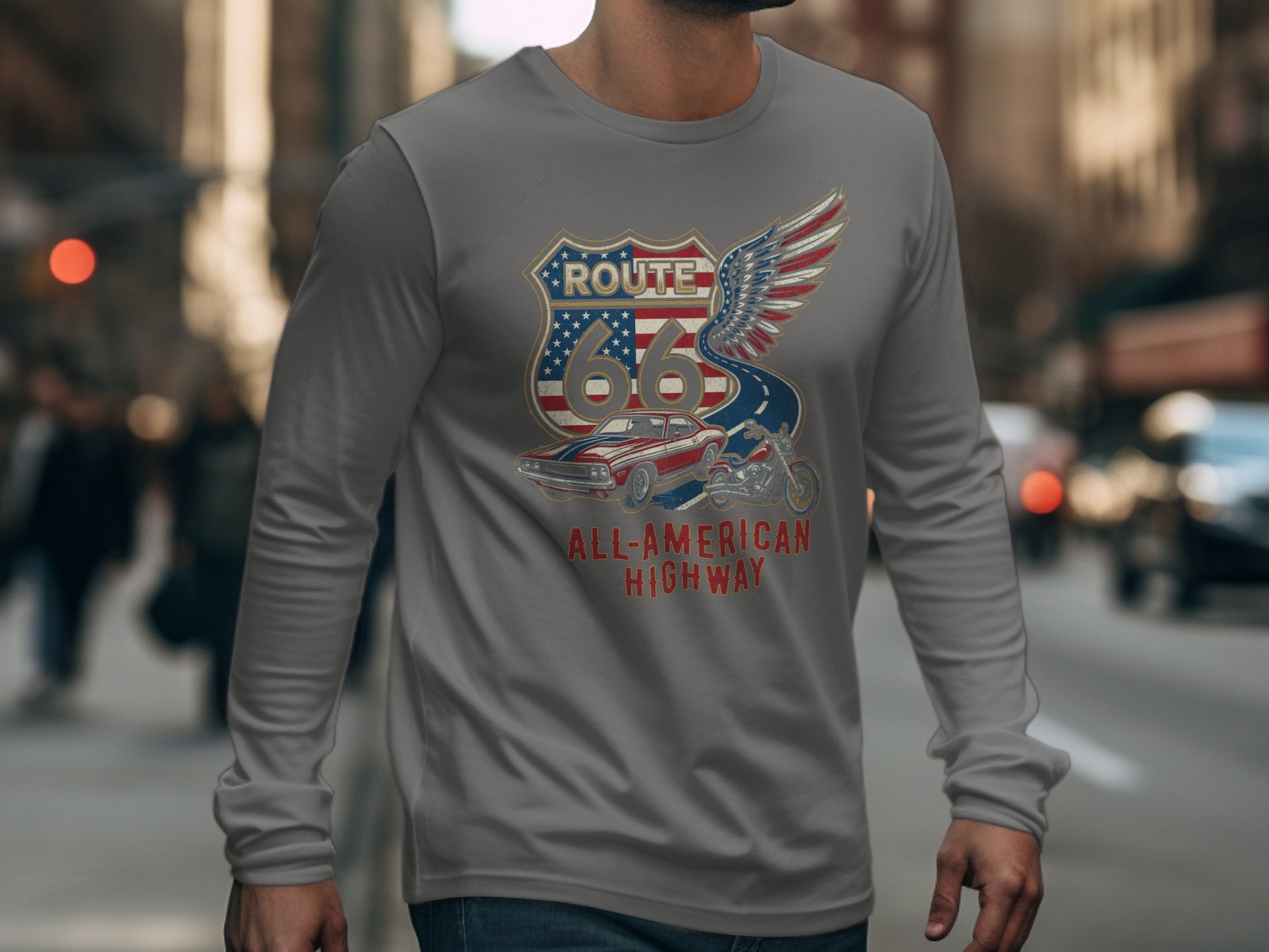 Route 66 All-American Highway graphic on gray long-sleeve t-shirt.