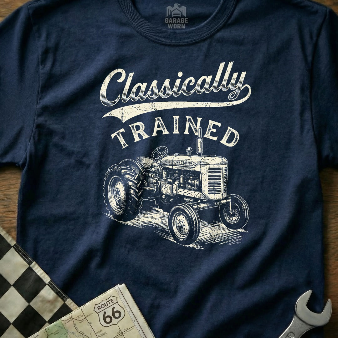 Navy t-shirt with "Classically TRAINED" text and vintage tractor graphic.