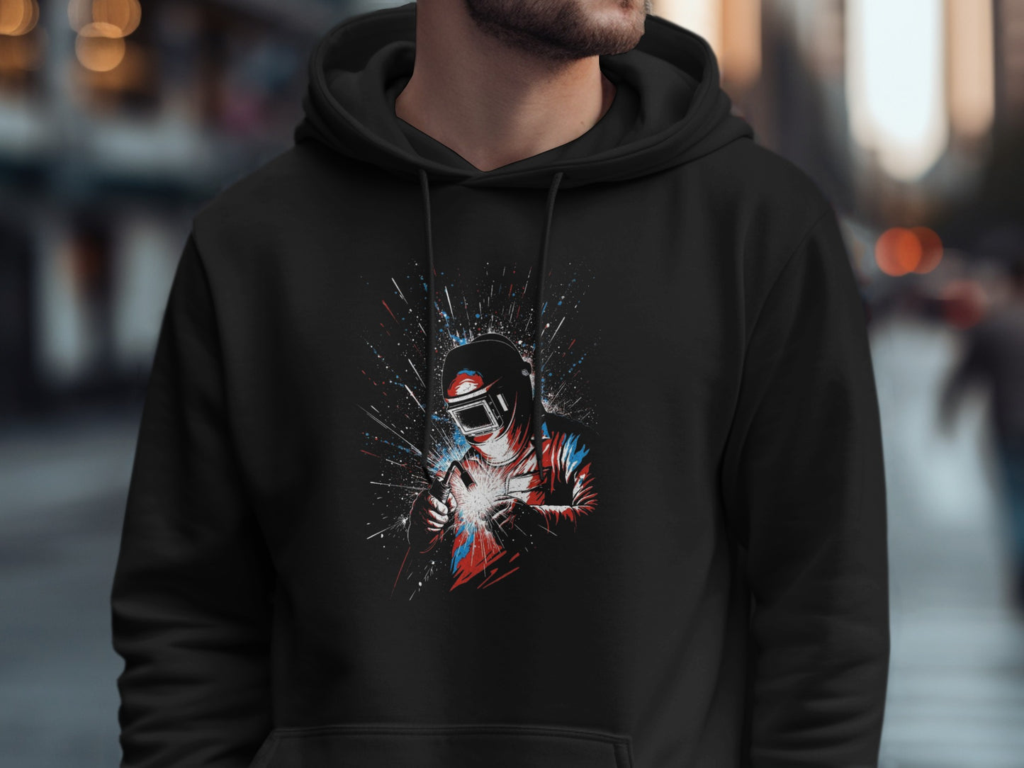 Retro Futuristic Welding Art on Black Hoodie