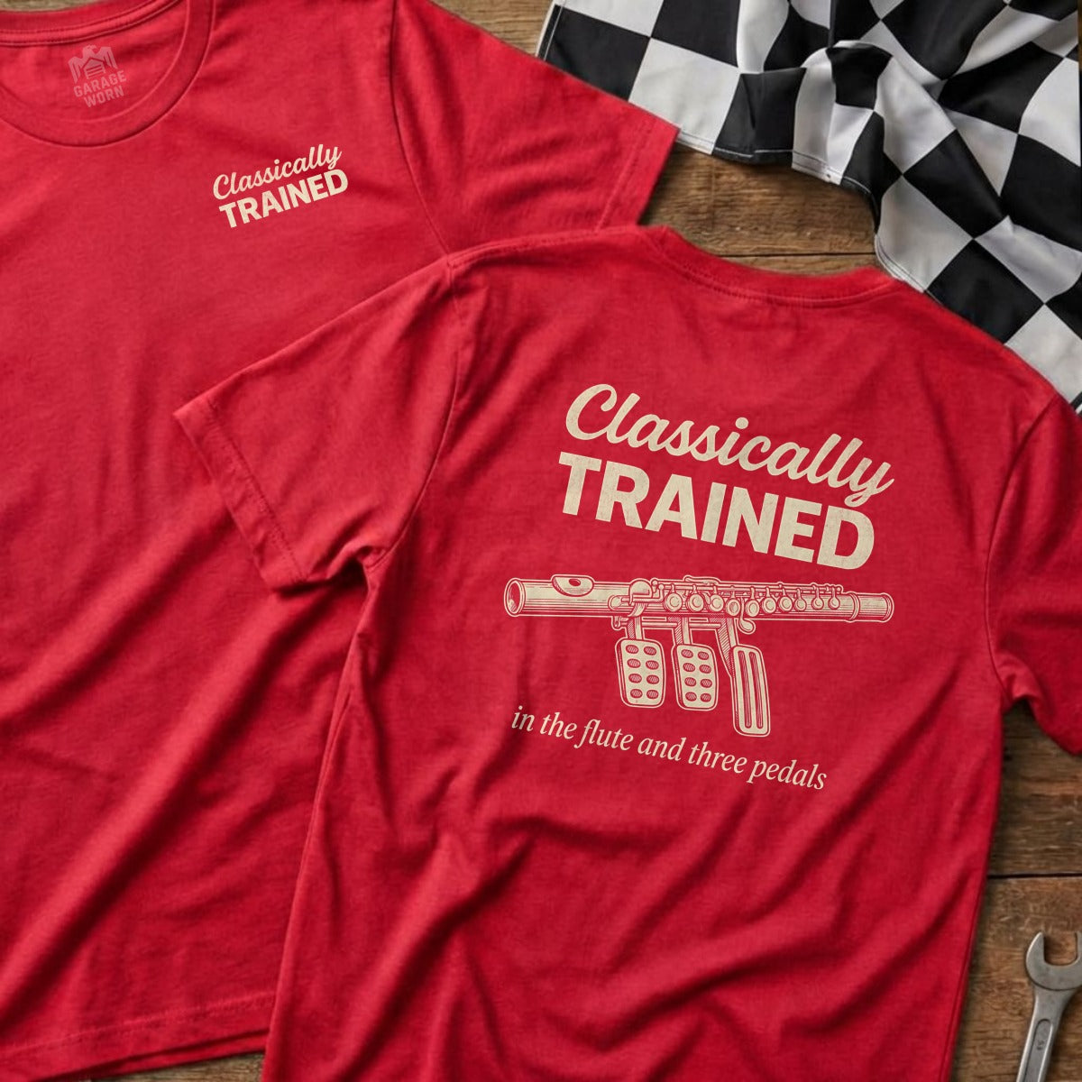 Red t-shirt with "Classically Trained" and flute with pedals illustration.