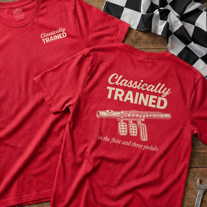 Red t-shirt with "Classically Trained" and flute with pedals illustration.