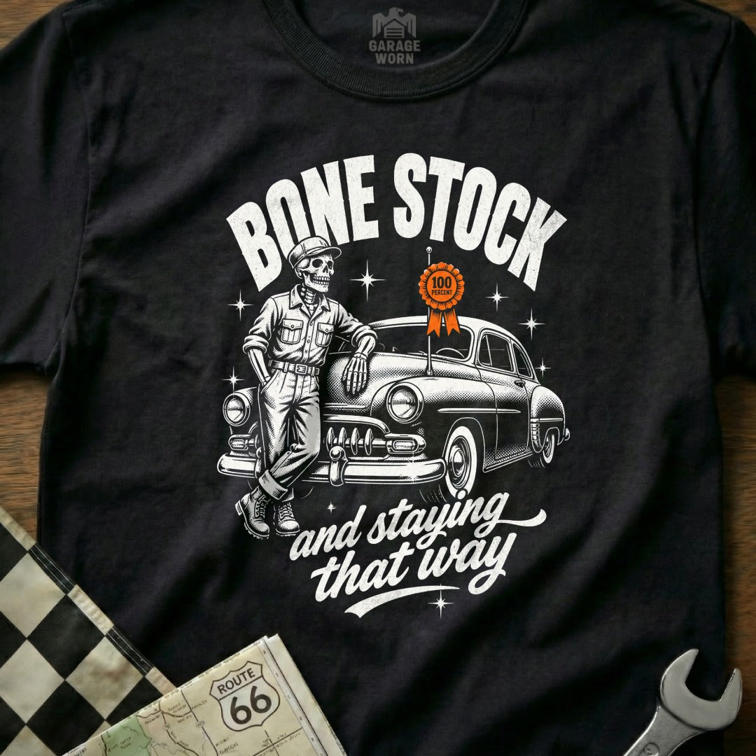 Skeleton leans on a classic car with text "Bone Stock and staying that way".