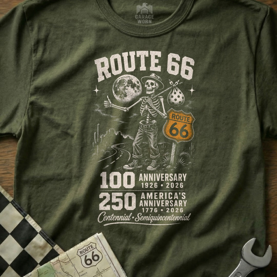 Skeleton hitchhiker on Route 66, celebrating 100 and 250-year anniversaries.