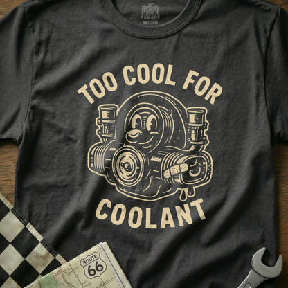Dark gray t-shirt with cartoon turbocharger and "Too Cool For Coolant" text.