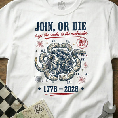 Join, or Die says the snake to the carburetor, 1776-2026.