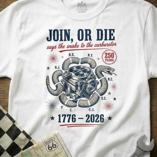 Join, or Die says the snake to the carburetor, 1776-2026.
