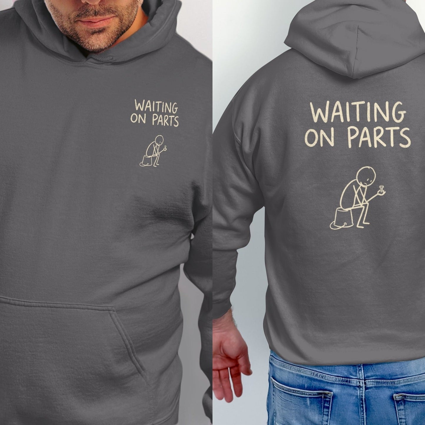 Gray hoodie with "WAITING ON PARTS" and a stick figure holding a bolt.