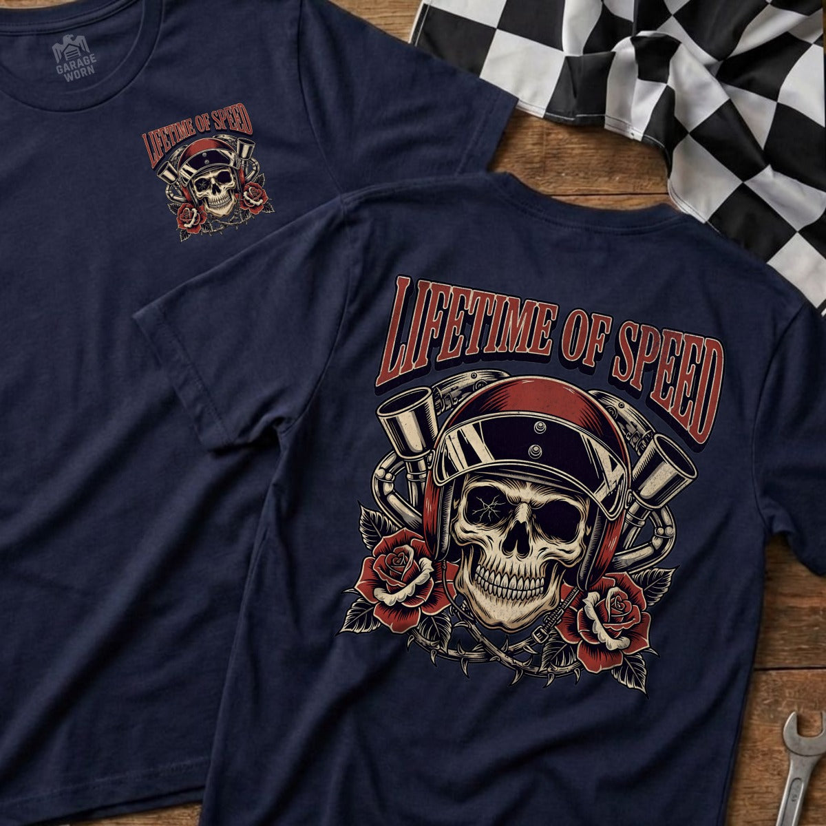 Lifetime of Speed Skull and Roses Graphic T-Shirt