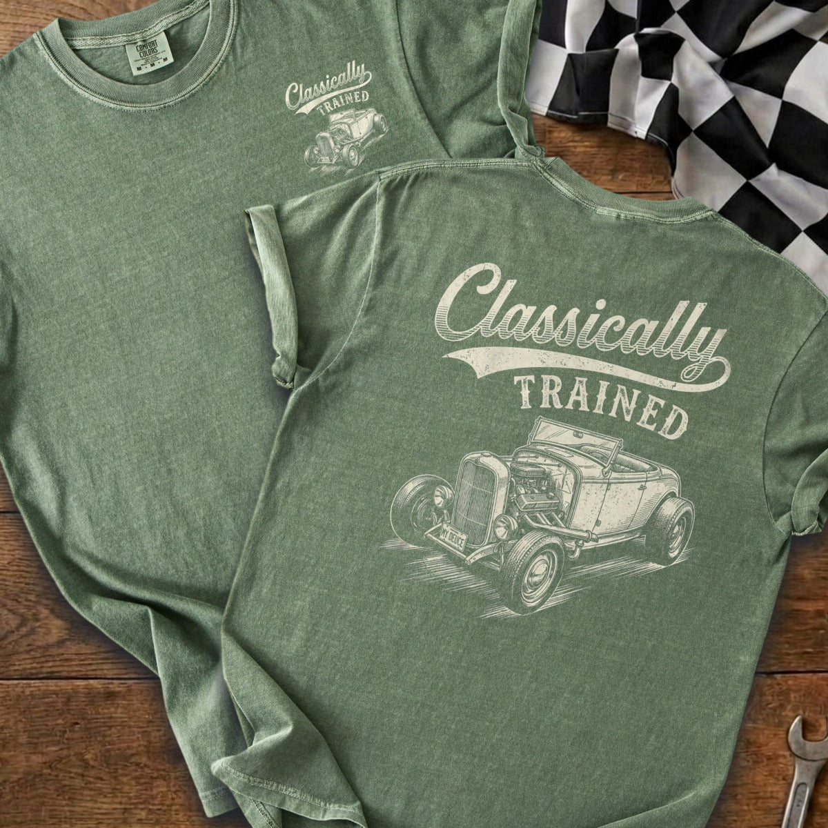 Green t-shirt with "Classically TRAINED" and hot rod graphic.