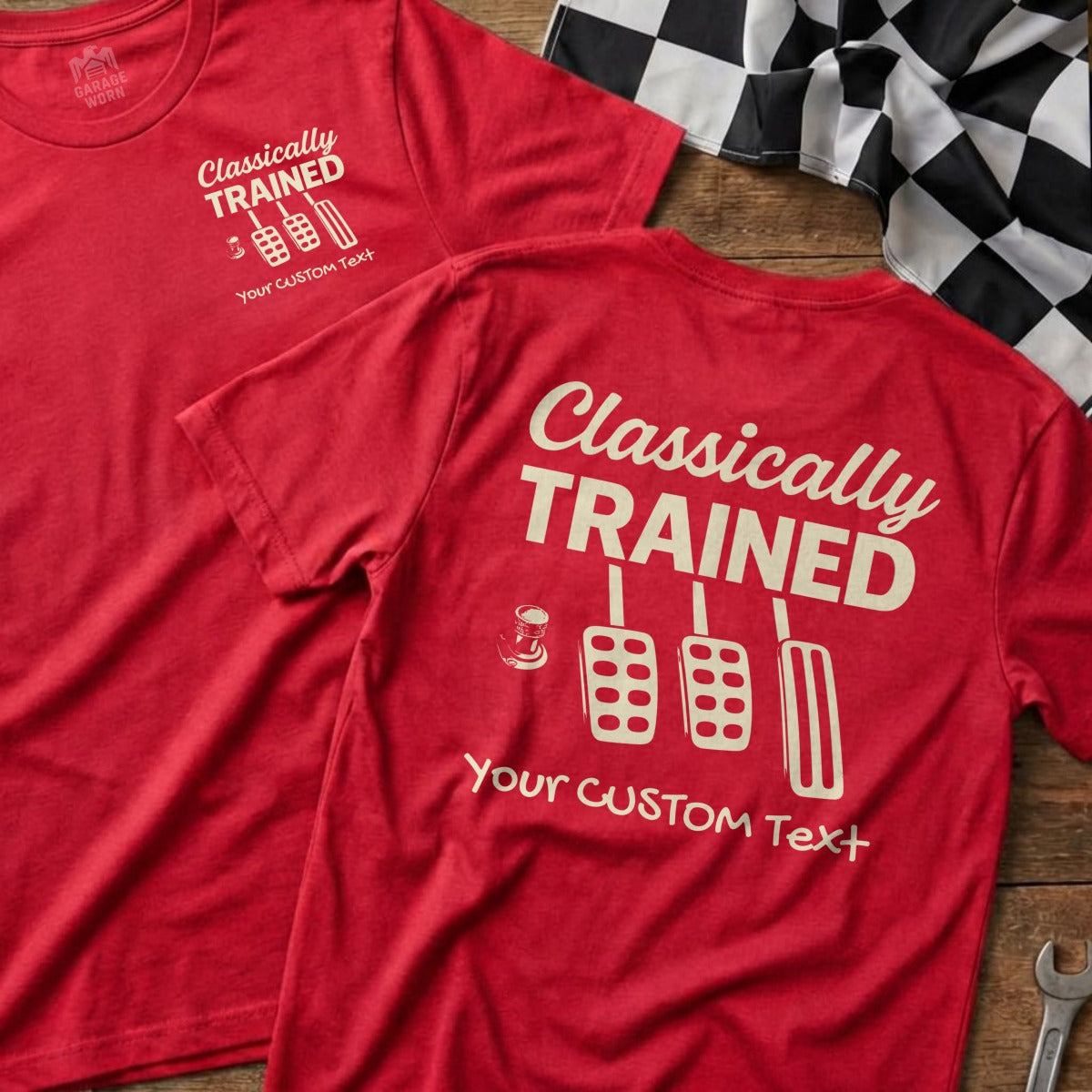 Red t-shirts with "Classically Trained" and pedal graphics.