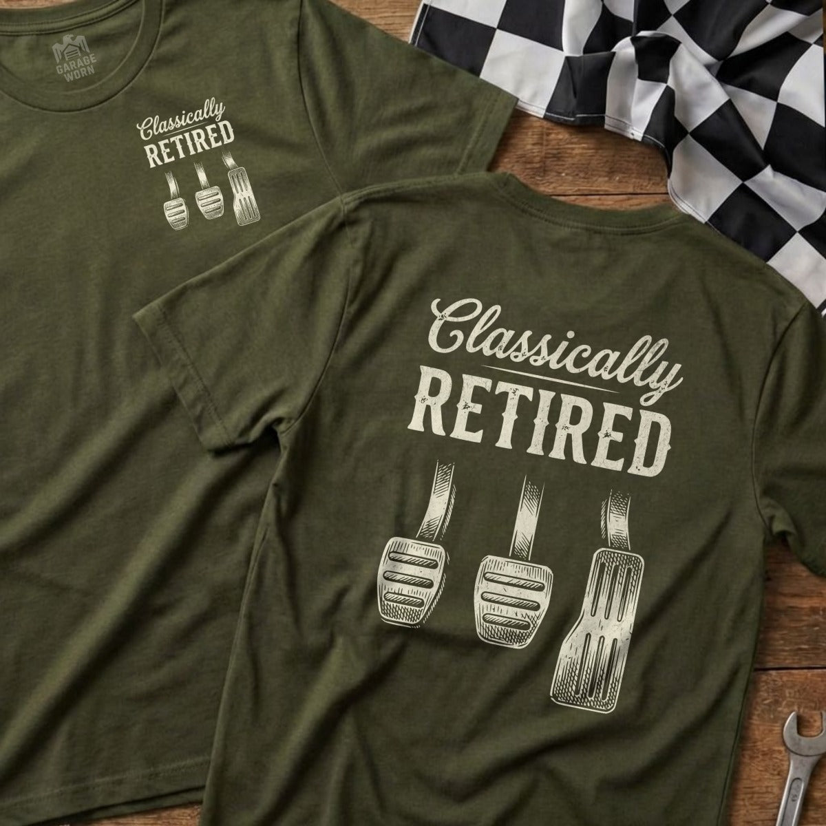 Green t-shirt with "Classically Retired" and pedal graphics.