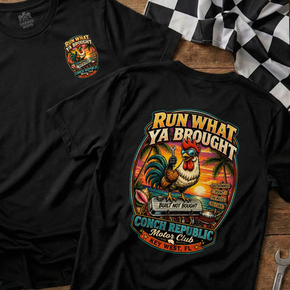Black t-shirt with a graphic of a rooster, engine, and palm trees with text.