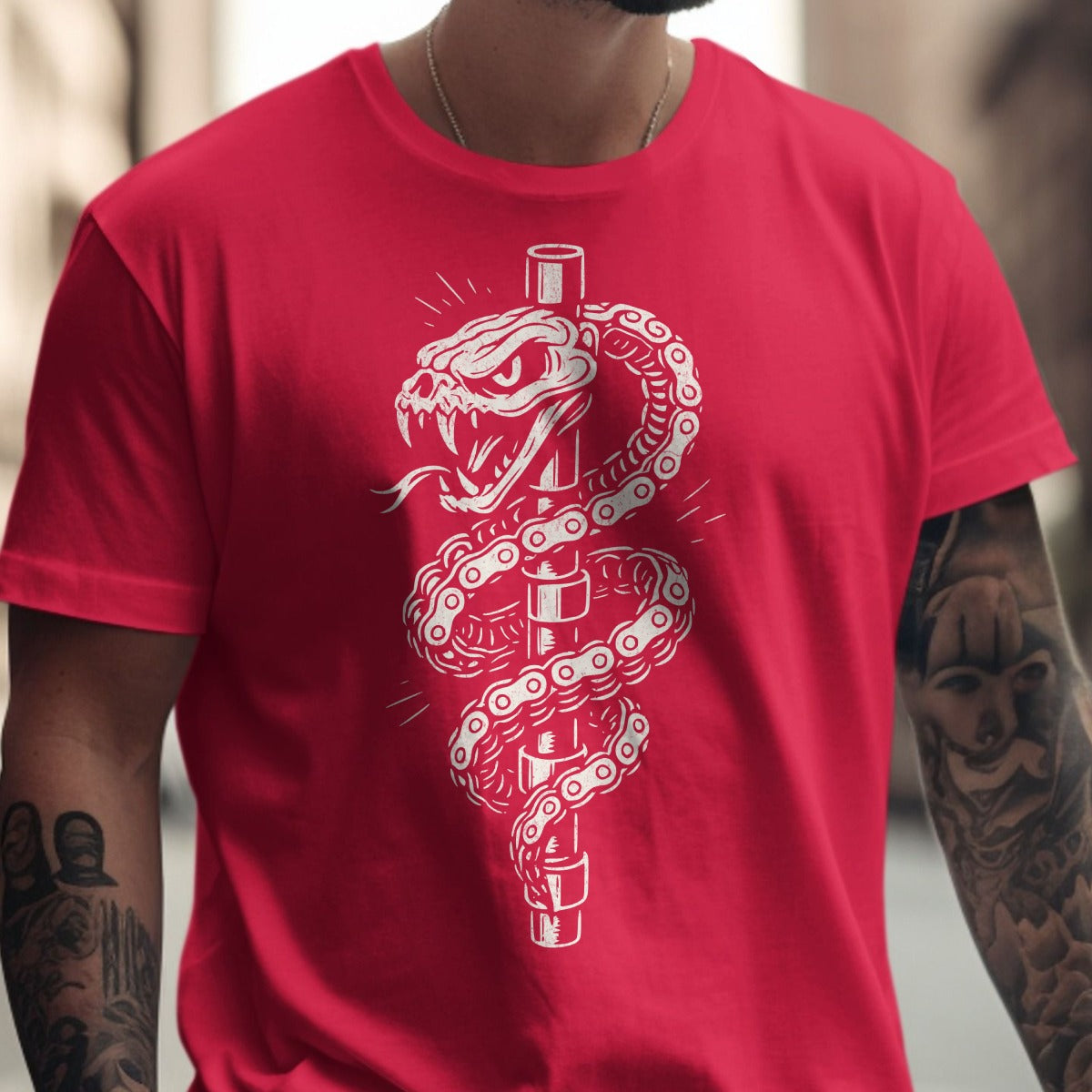 Red T-Shirt with Snake and Pole Design eye-catching product type
