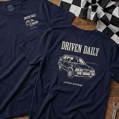 Navy t-shirts with "Driven Daily" and a car graphic.