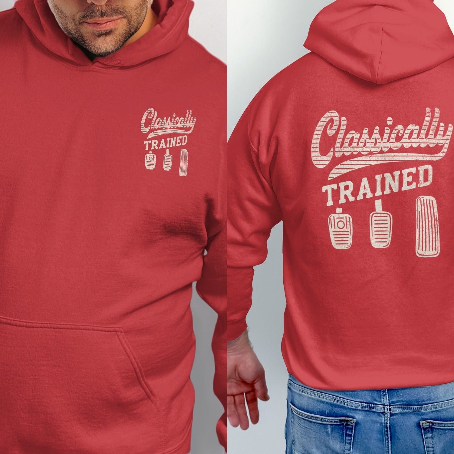 Red hoodie with "Classically TRAINED" text and three pedals graphic.