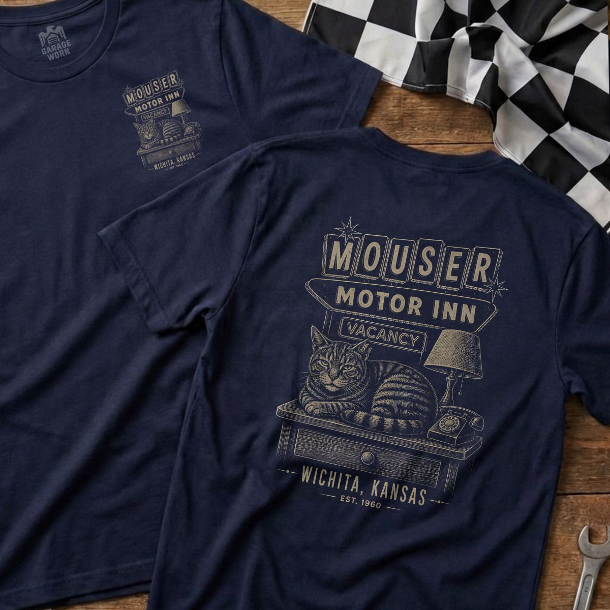 Navy t-shirt with vintage Mouser Motor Inn design and a cat.