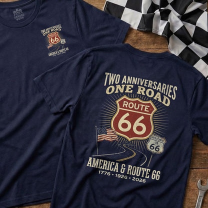 Navy t-shirts featuring Route 66 anniversary graphic with text.