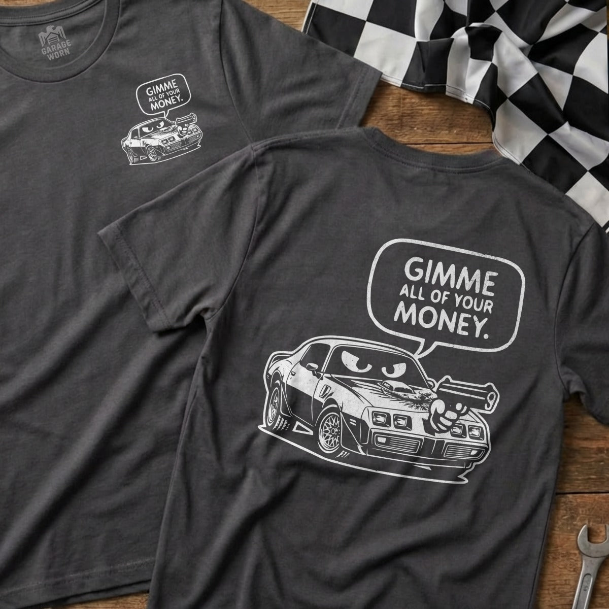 Dark t-shirt with cartoon car and "Gimme All of Your Money" text.