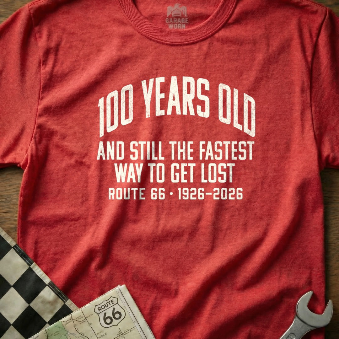 Red t-shirt celebrating 100 Years of Route 66, 1926-2026.