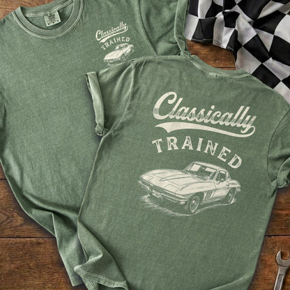 Green t-shirts with "Classically Trained" text and a vintage car graphic.