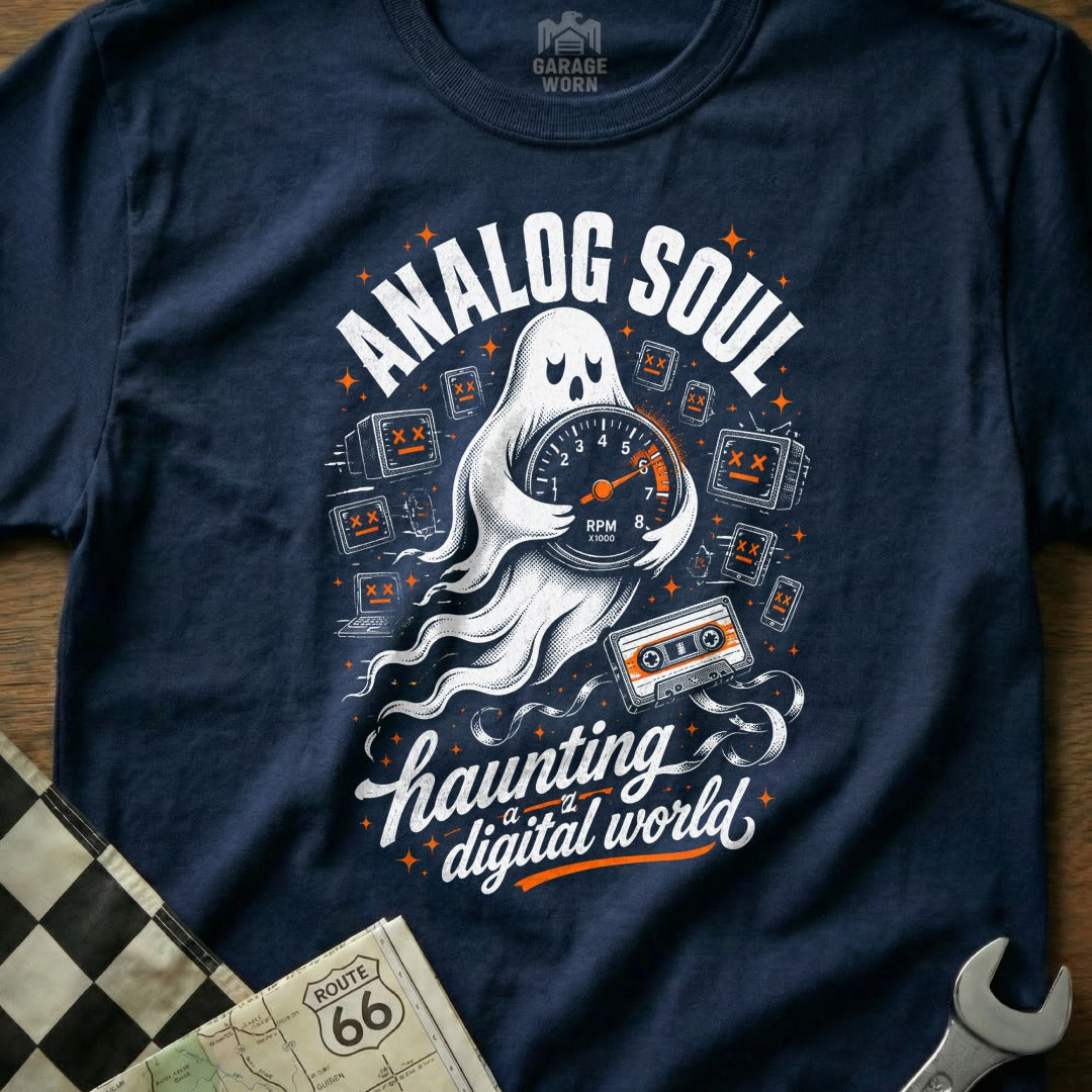 Ghost holding RPM gauge with text "Analog Soul Haunting a Digital World".