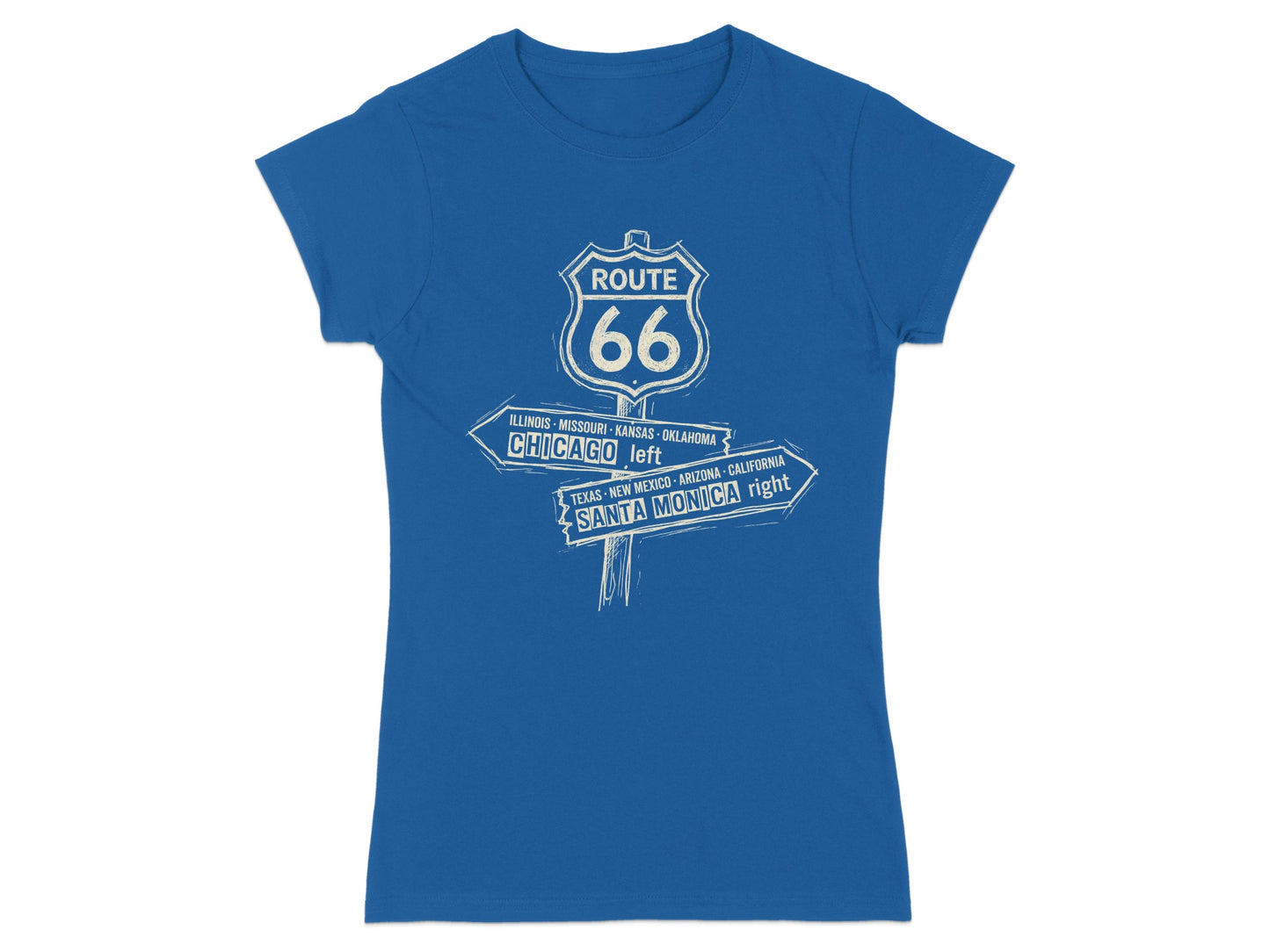 Blue t-shirt with Route 66 signpost and directional text.