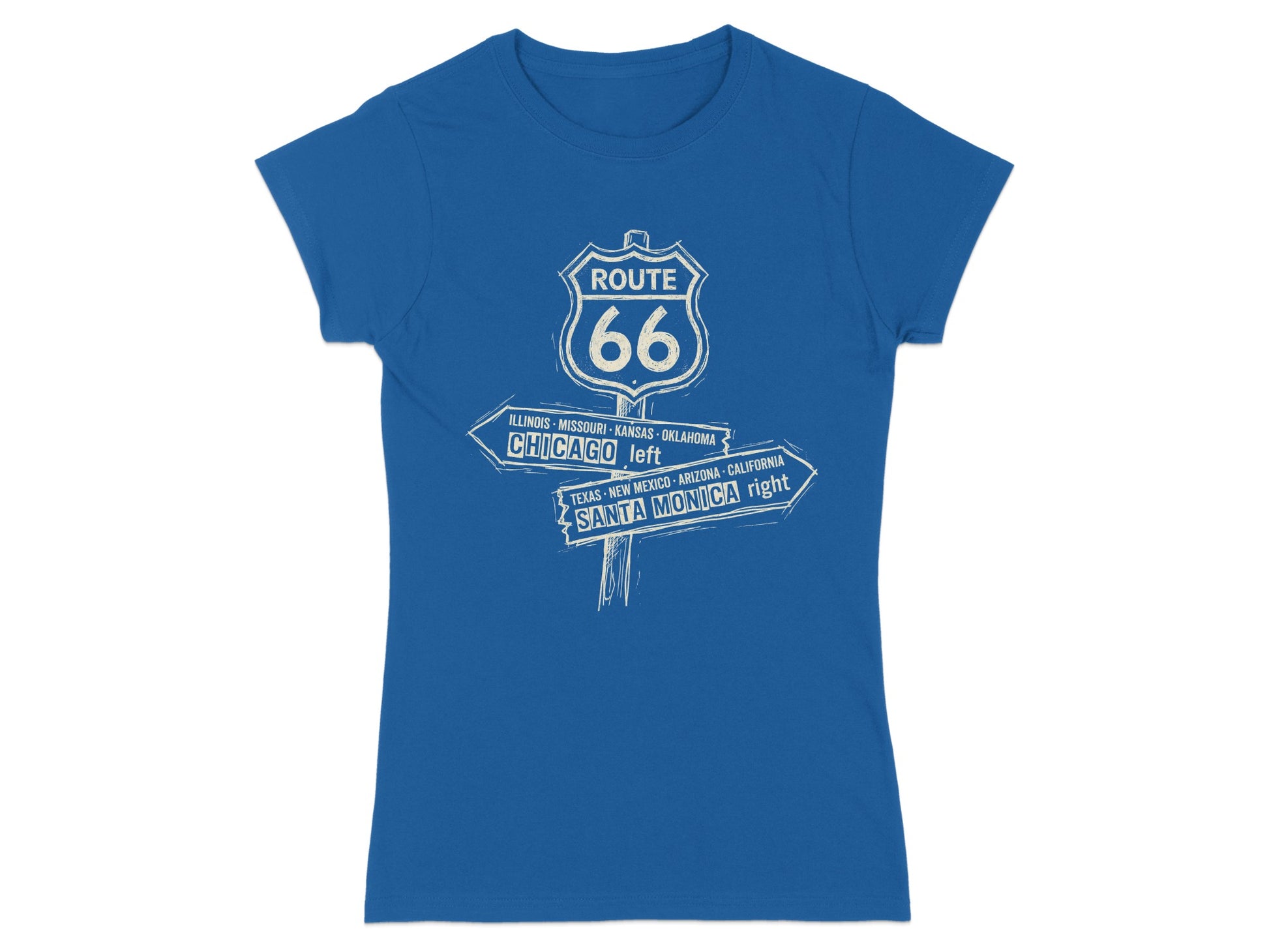 Blue t-shirt with Route 66 signpost and directional text.