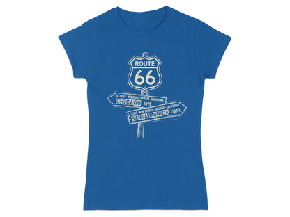 Blue t-shirt with Route 66 signpost and directional text.